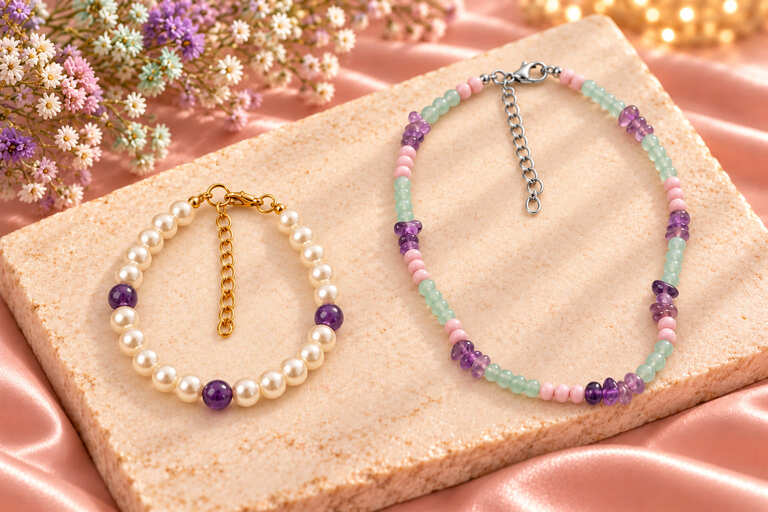 Handmade faux pearl bracelet and amethyst pastel beaded anklet displayed on a stone slab