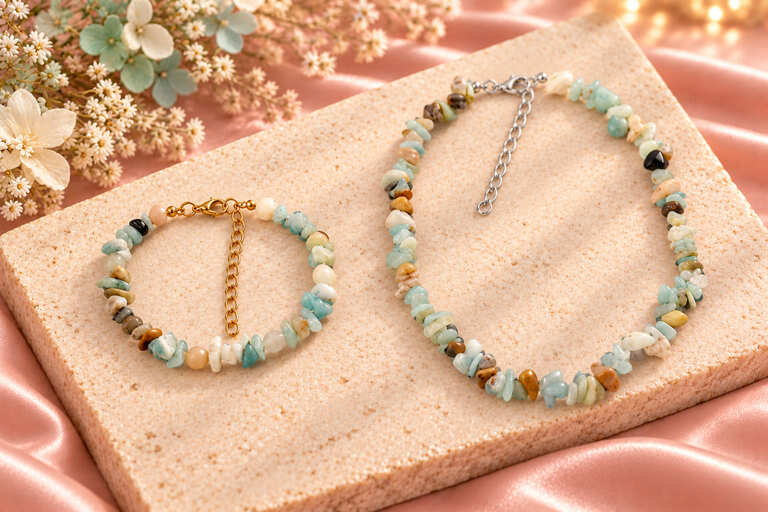 Ocean Mist natural stone bracelet and anklet set displayed on a stone slab