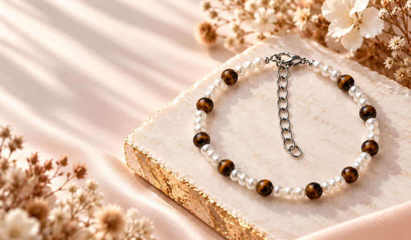 Handmade tigers eye and faux pearl bracelet displayed on a stone slab