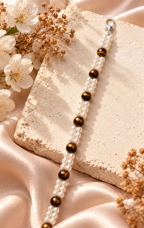 Vertical view of handmade tigers eye and faux pearl bracelet displayed on a stone slab