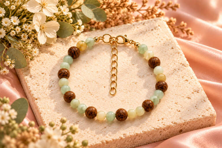 Sunset jasper and natural wood bead bracelet with gold-tone clasp on a stone slab