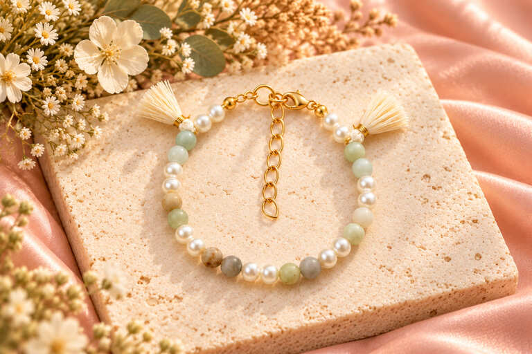 Handmade pearl and meadow bracelet with gemstone beads, faux pearls and cream tassels on a stone slab