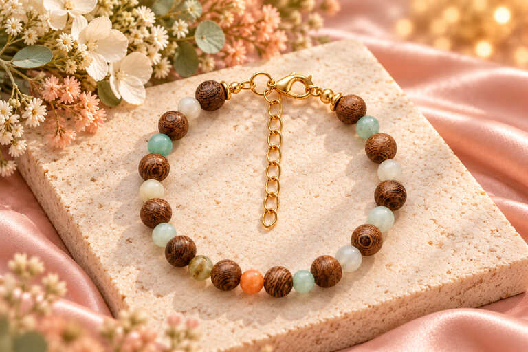 Gemstone and wood bracelet displayed on a stone slab