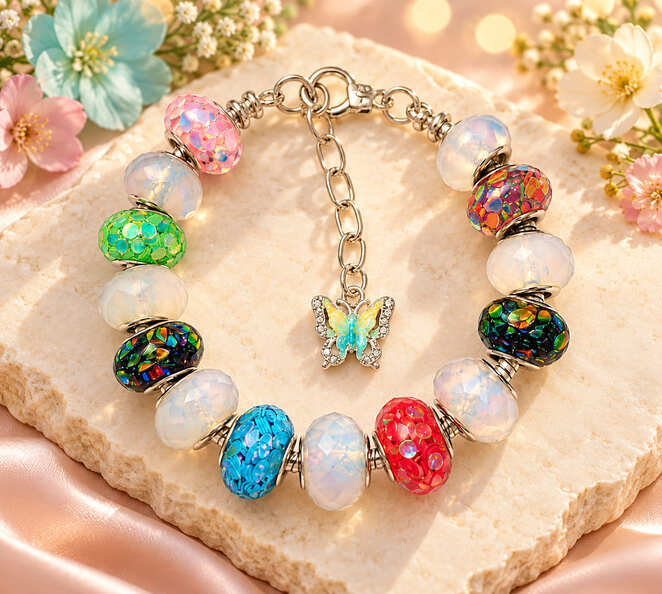 Colourful butterfly charm bracelet displayed on a stone slab