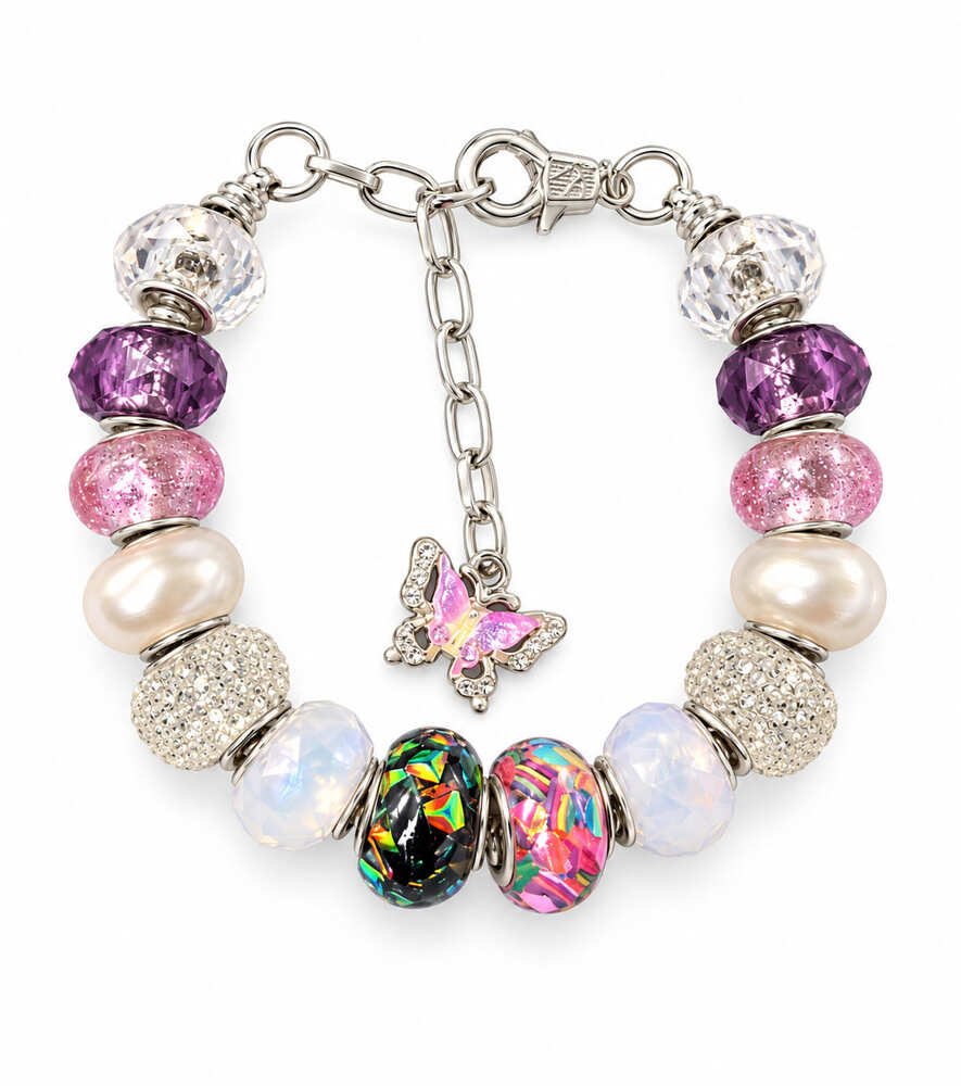 Pink and purple European charm bracelet with sparkling beads and butterfly charm