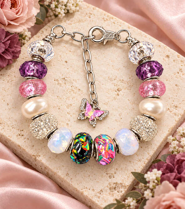 Pink and purple butterfly charm bracelet displayed on a stone slab