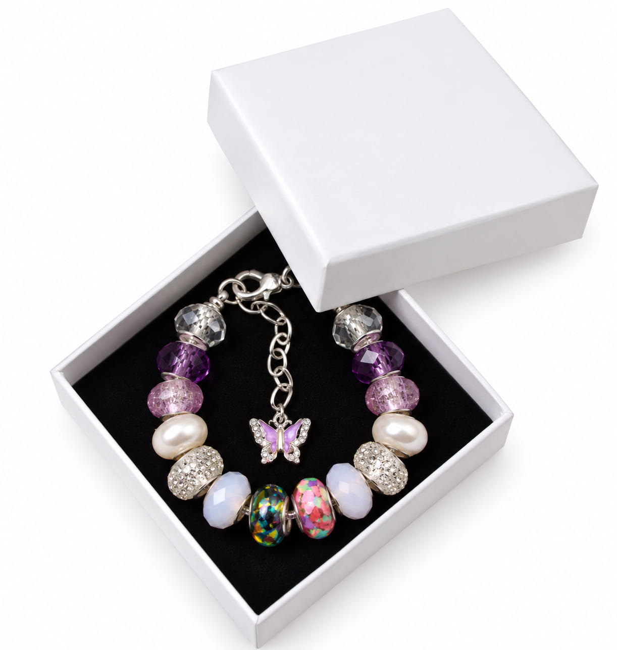 Pink and purple butterfly charm bracelet presented in a white gift box