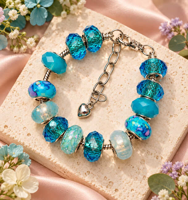 Ocean blue European charm bracelet displayed on a stone slab