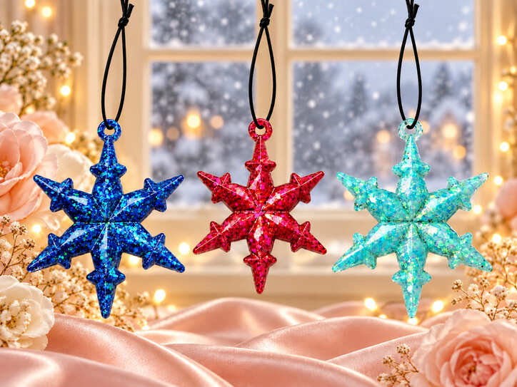 Set of three handmade glitter resin snowflake Christmas decorations in blue, pink and mint with black hanging cords with a window behind them with snow falling