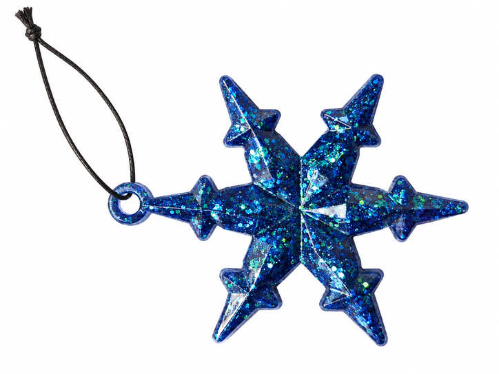 Handmade deep blue glitter resin snowflake Christmas decoration with black hanging cord