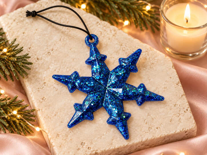 Handmade deep blue glitter resin snowflake Christmas decoration with black hanging cord displayed on a stone slab