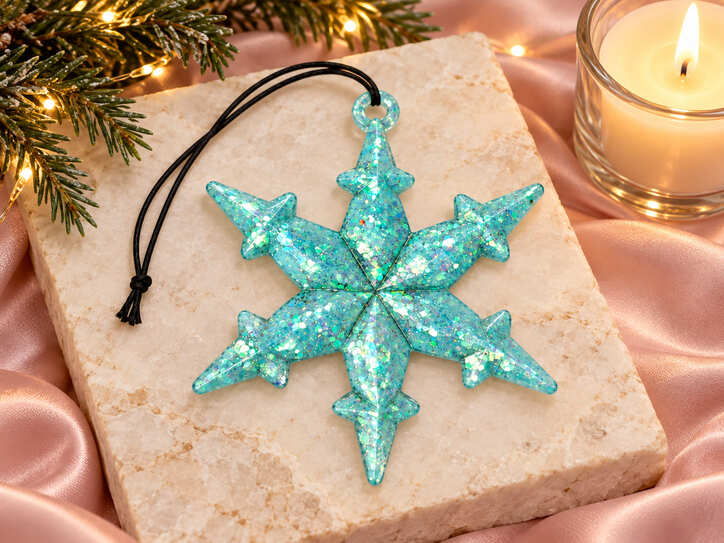 Handmade frosty mint glitter resin snowflake Christmas decoration with black hanging cord displayed on a stone slab