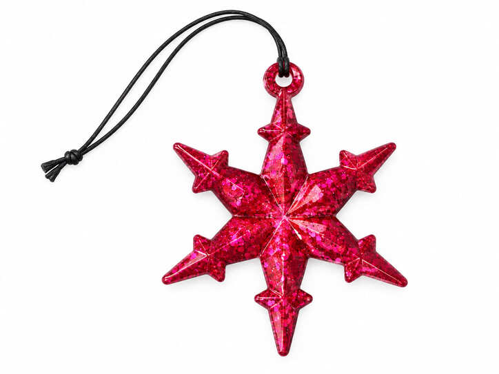Handmade bright pink glitter resin snowflake Christmas decoration with black hanging cord