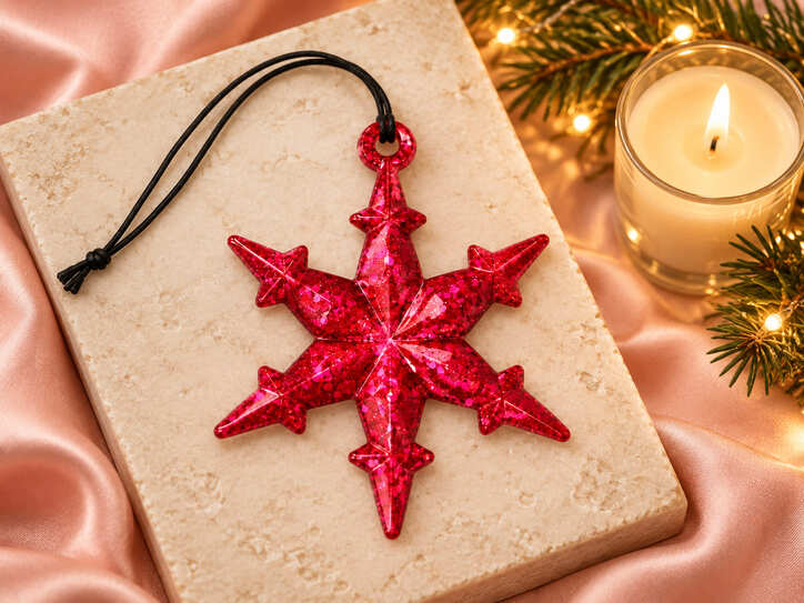 Handmade bright pink glitter resin snowflake Christmas decoration with black hanging cord displayed on a stone slab