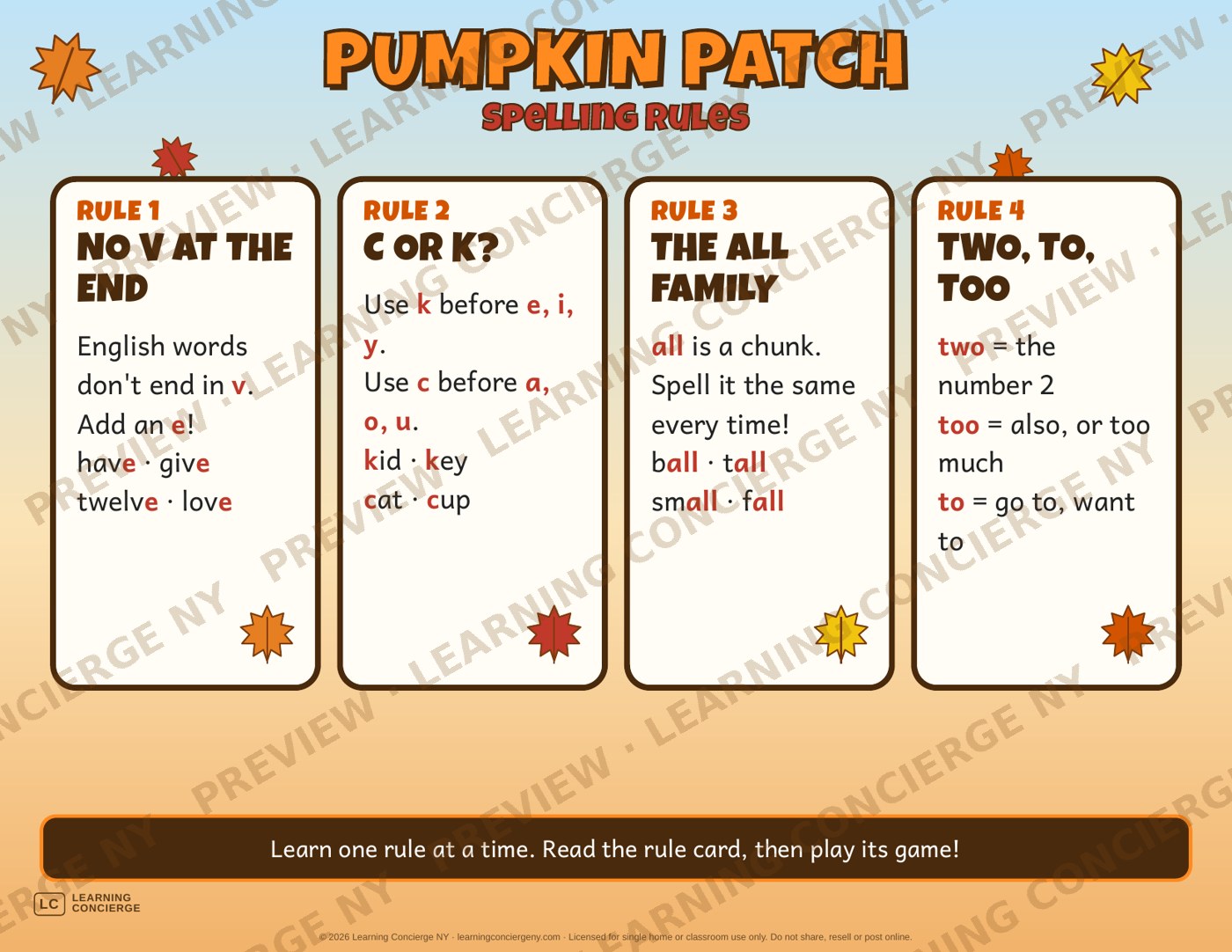 Pumpkin Patch Spelling Rules