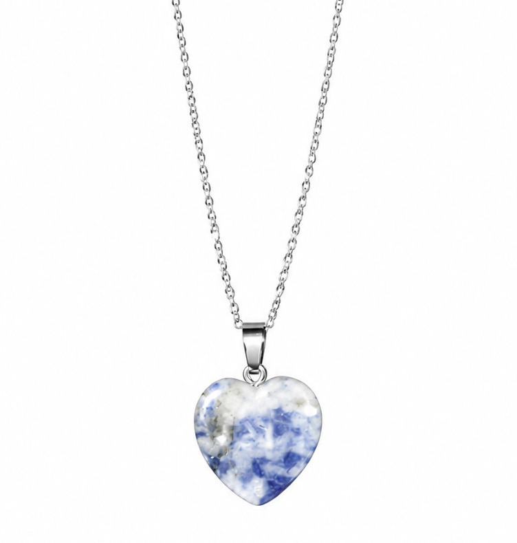 16-inch 925 sterling silver necklace with polished blue and white natural stone heart pendant on a white background