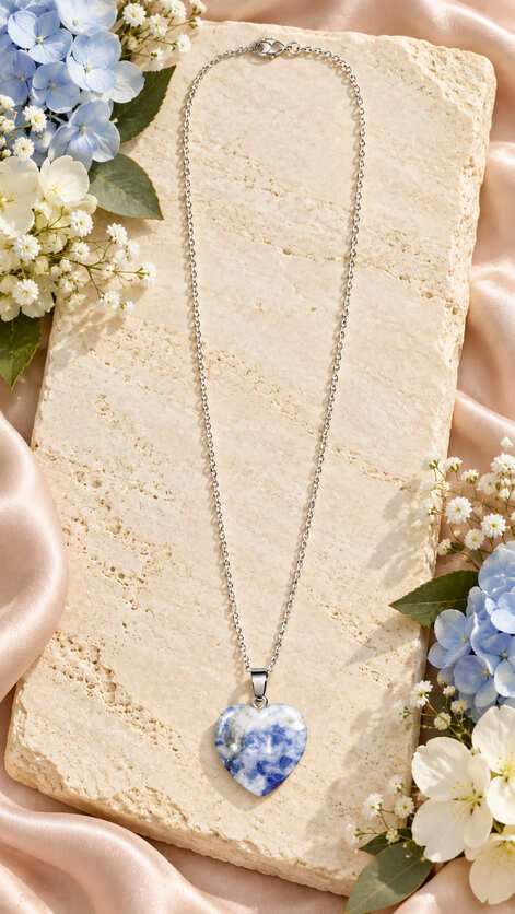 Blue and white natural stone heart necklace on sterling silver chain displayed on a stone slab