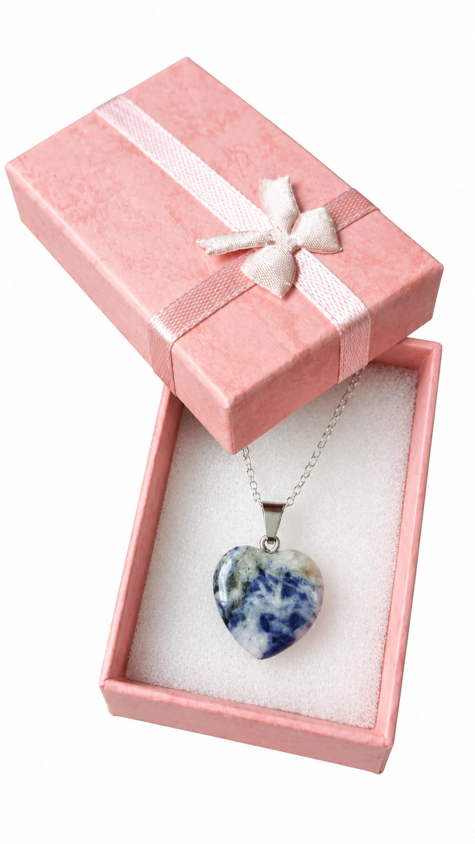 Blue and white natural stone heart pendant on a 16-inch sterling silver chain presented in a pink jewellery gift box