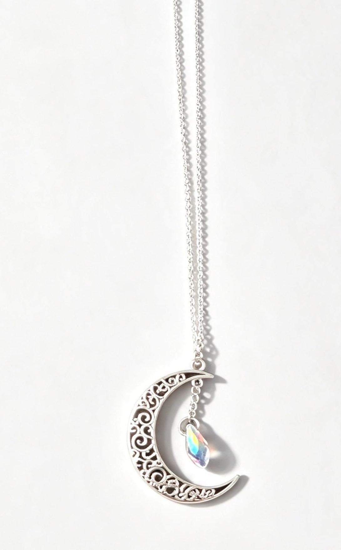 Crescent moon necklace with 925 sterling silver chain and iridescent teardrop crystal