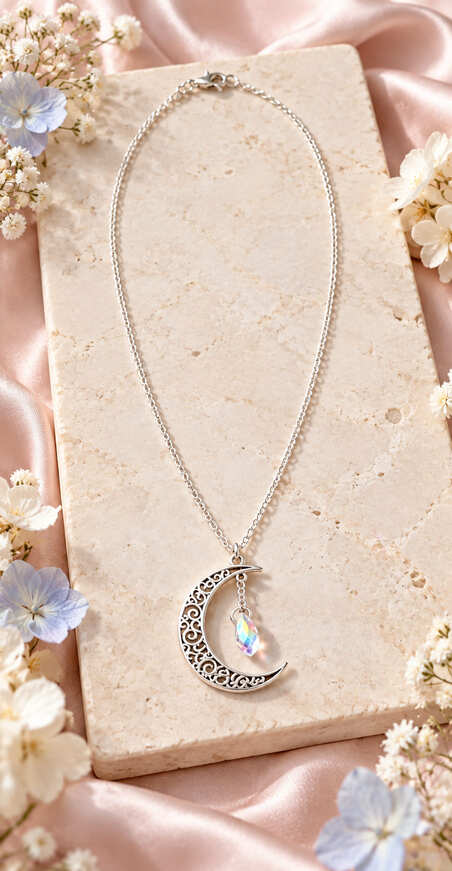 Crescent moon necklace with 925 sterling silver chain and iridescent teardrop crystal displayed on a stone slab