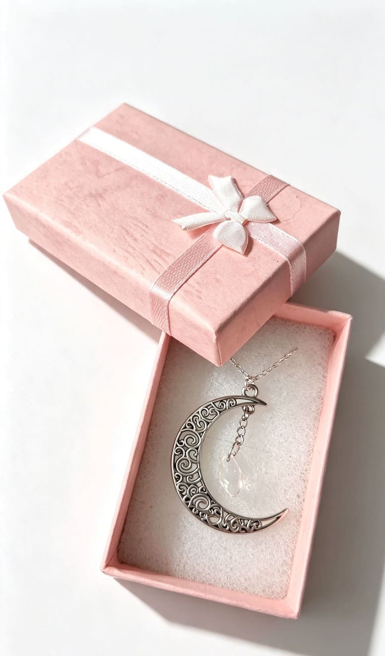 Crescent moon necklace with sterling silver chain presented in pink gift box