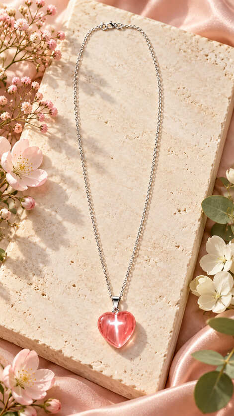Handmade natural pink crystal heart pendant necklace on a 16 inch 925 sterling silver chain displayed on a stone slab