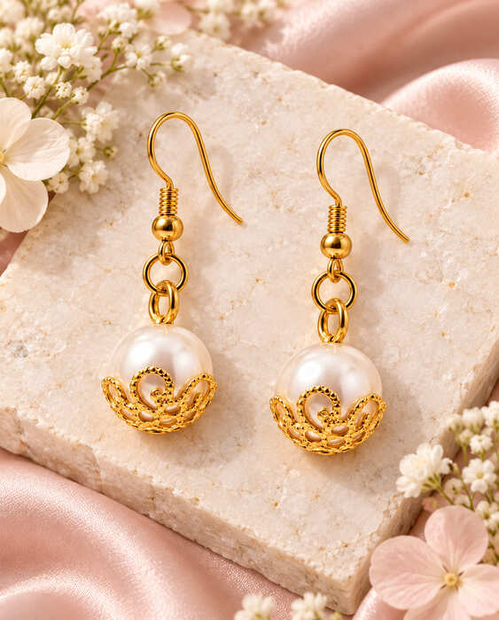 Elegant faux pearl drop earrings with 18K gold-plated sterling silver filigree settings styled with flowers and soft pink satin