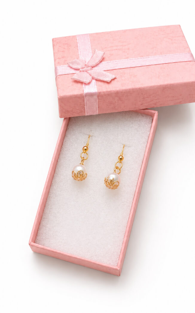 18K gold-plated sterling silver faux pearl drop earrings presented in a pastel pink jewellery gift box with satin ribbon bow