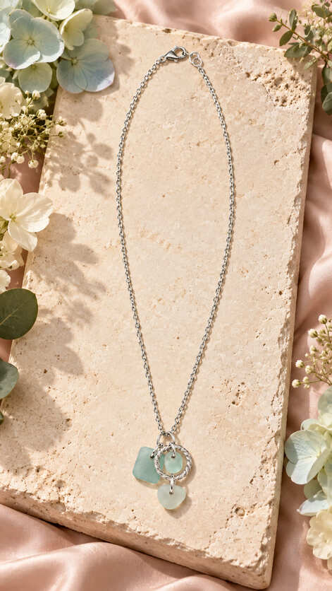 16-inch sterling silver necklace with pale blue and seafoam irregular natural stone cluster pendant displayed on a stone slab