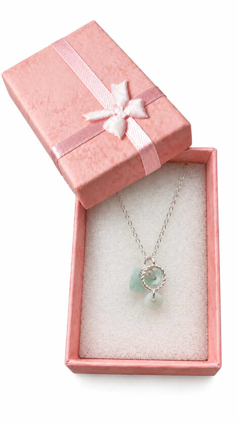 Sterling silver natural stone necklace presented in a pink jewellery gift box with satin ribbon bow