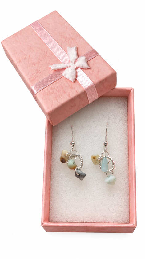 Handmade sterling silver drop earrings with irregular natural stones presented in a pink jewellery gift box