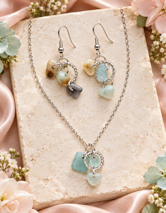 Handmade sterling silver natural stone necklace and matching earrings styled with flowers and soft pink satin