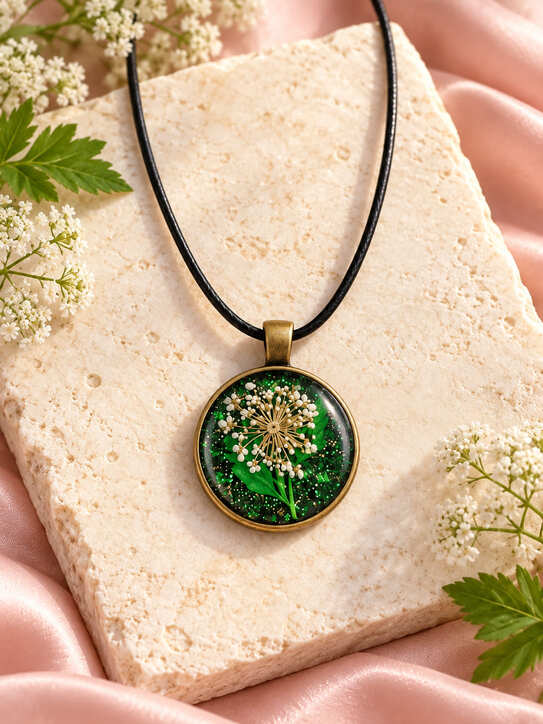 Emerald green resin pendant necklace with real dried flowers styled with flowers and foliage