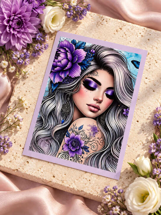 Purple gothic floral notebook displayed on natural stone with lavender flowers and pink satin