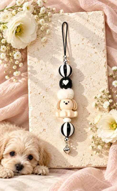 Black and white handmade puppy dog phone charm styled on a stone backdrop with flowers and a small dog beside it.