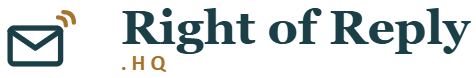 Right of Reply brand header featuring an envelope and reply-signal icon alongside the "Right of Reply" wordmark in navy and gold - for US medical bill referral letter templates