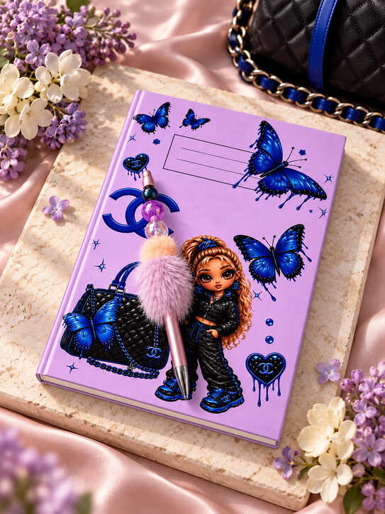 Purple butterfly A5 notebook with handmade fluffy beaded pen styled on a neutral stone surface with flowers.