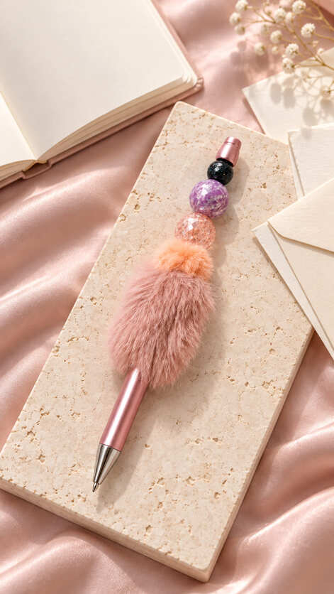 Metallic pink handmade fluffy beaded black ink pen with purple and pink beads styled on a stone surface.