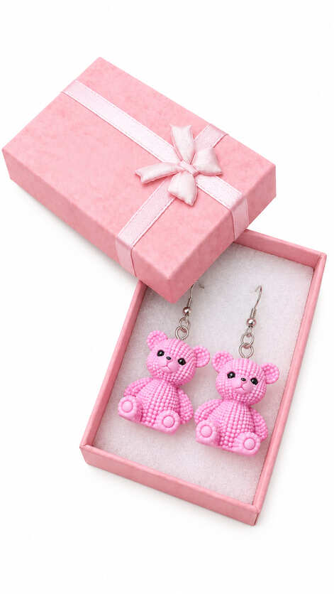 Pair of pink teddy bear earrings with 925 sterling silver hooks presented in a pink ribbon jewellery gift box.