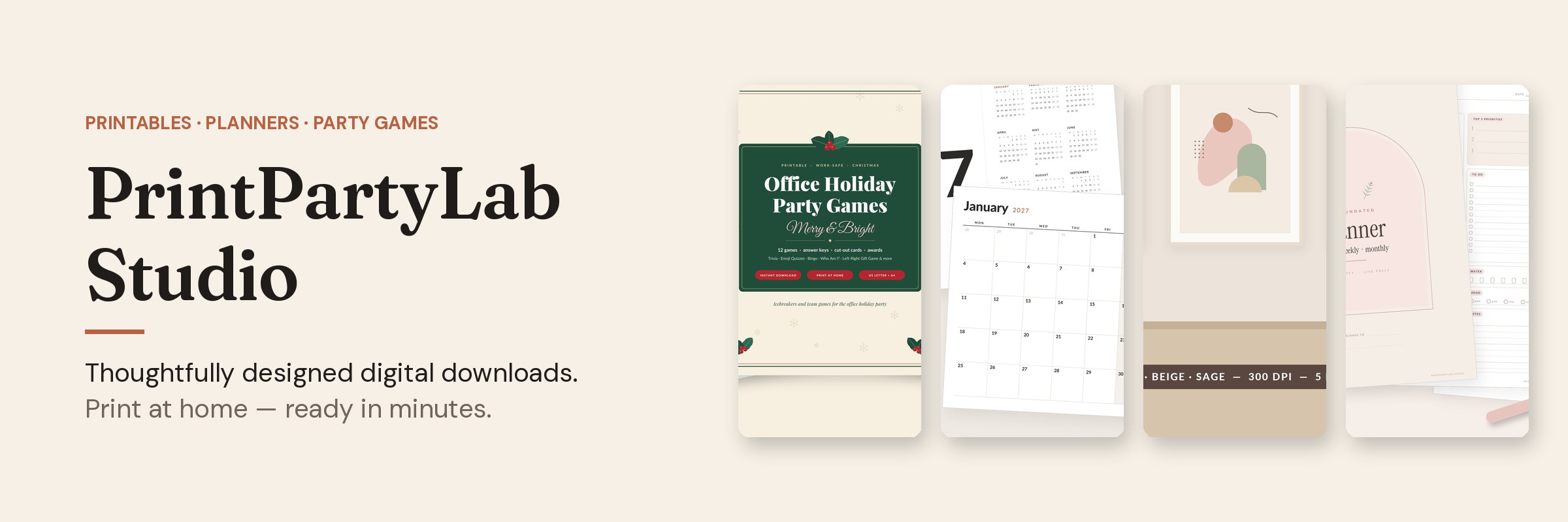 PrintPartyLabStudio store banner: printable party games, planners, wall art and SVG templates.