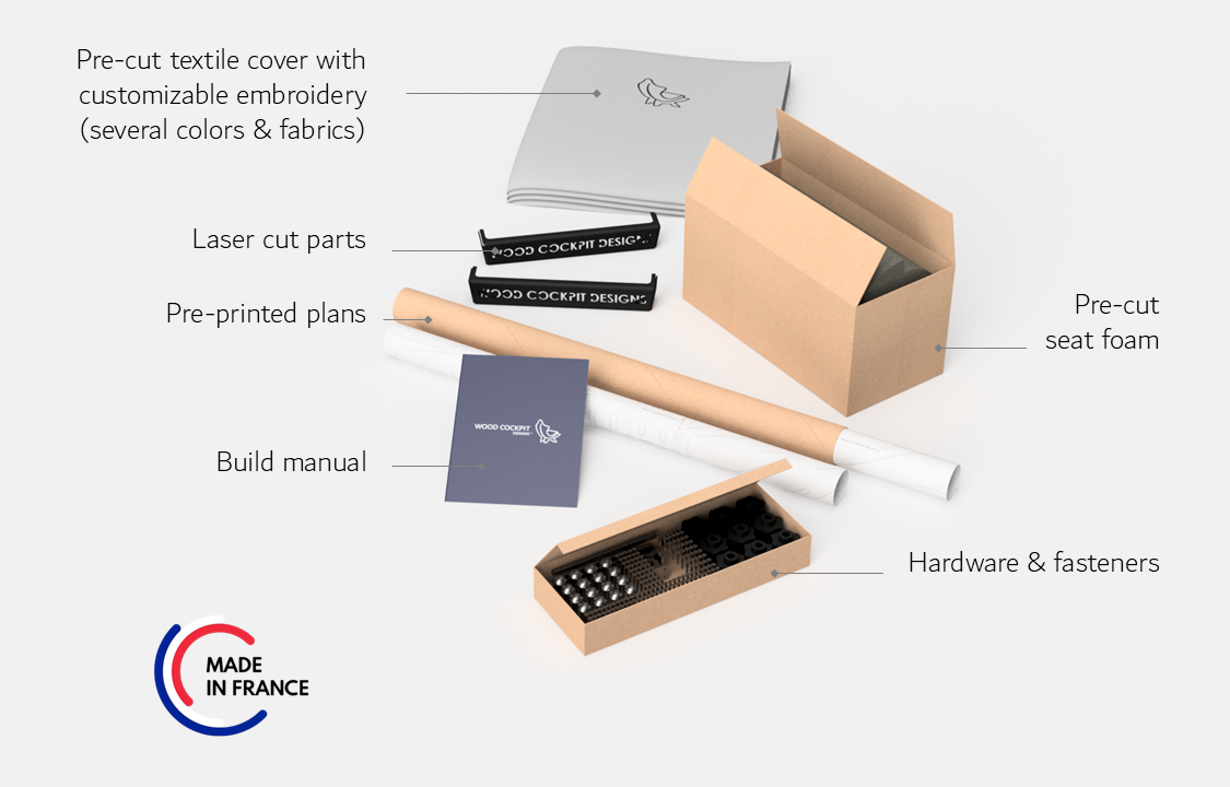 Cockpit builder kit including printed plans, manuals, hardware and seat foam and textile cover