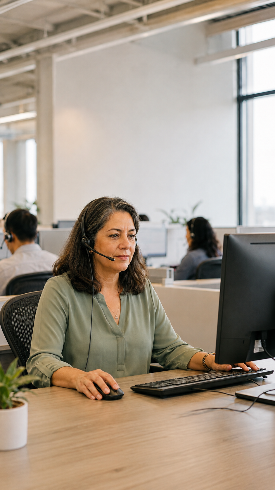 Woman with headset working at a desk in office