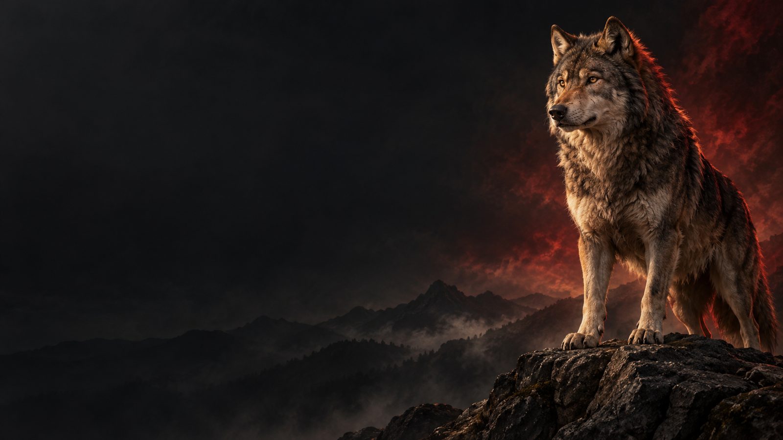 Painterly wolf on a dark mountain ledge with ember-red mist, Paper Rebel printable art