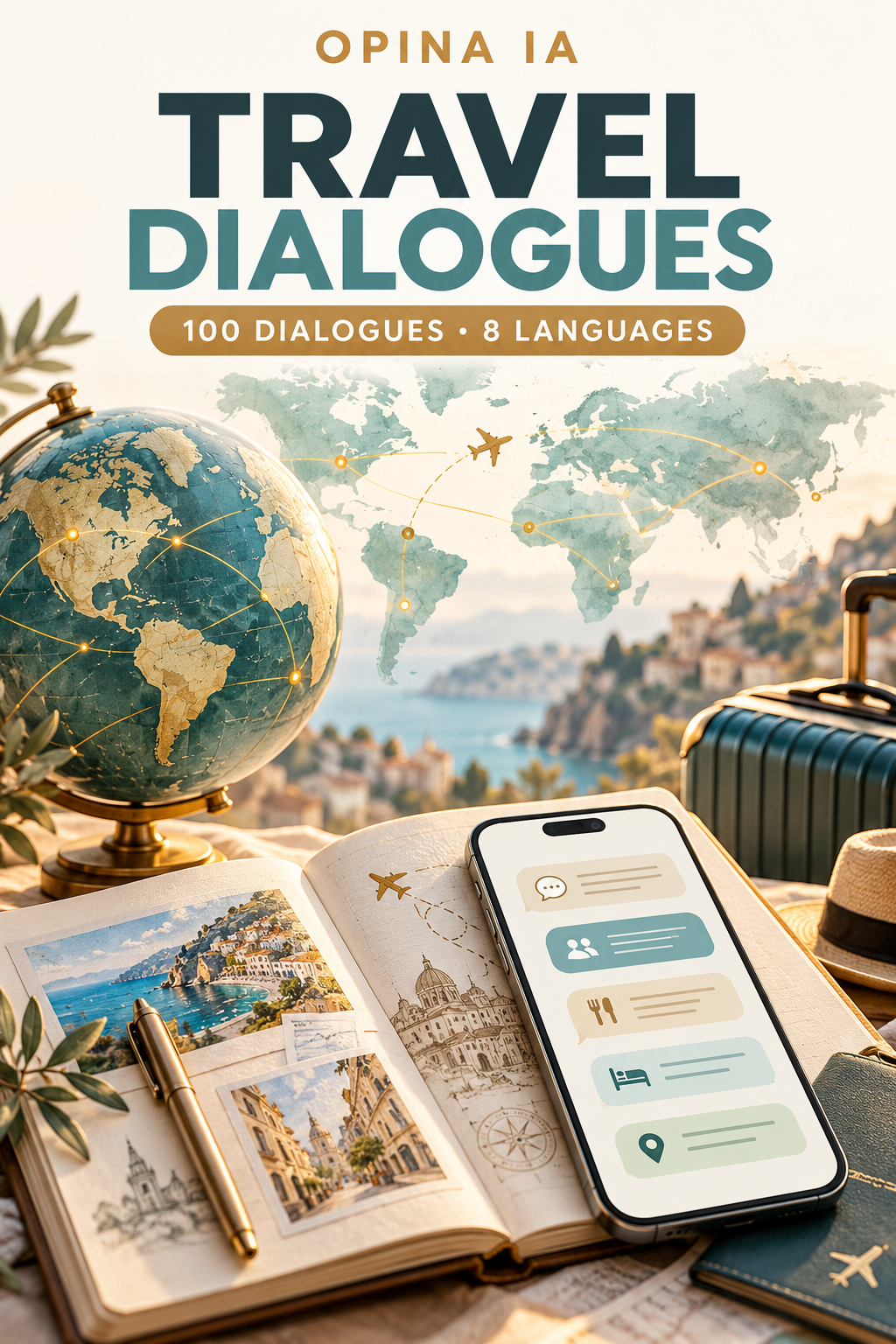 Portada de OPINA IA Travel Dialogues, 100 diálogos de viaje en ocho idiomas