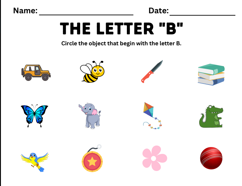 Letter B phonics worksheet circle the pictures that start with B