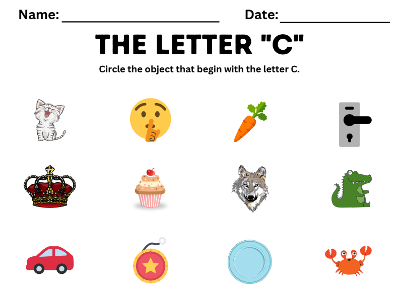 Letter C worksheet circle the pictures that start with C