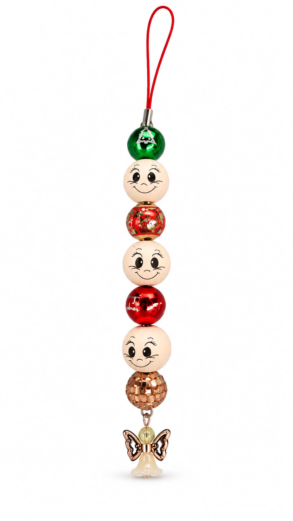 Handmade Christmas beaded hanging decoration with red, green and smiley face beads, rose-gold accent and angel charm styled with festive decorations.