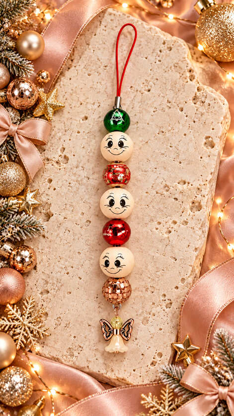 Handmade festive beaded Christmas hanging charm with three smiley face beads, red and green baubles, red cord loop and angel charm on a white background.