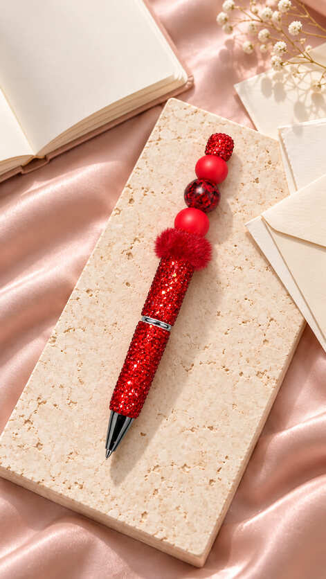 Sparkling red handmade beaded pen with rhinestone barrel and fluffy red pom-pom displayed on a cream stone surface with pink satin.