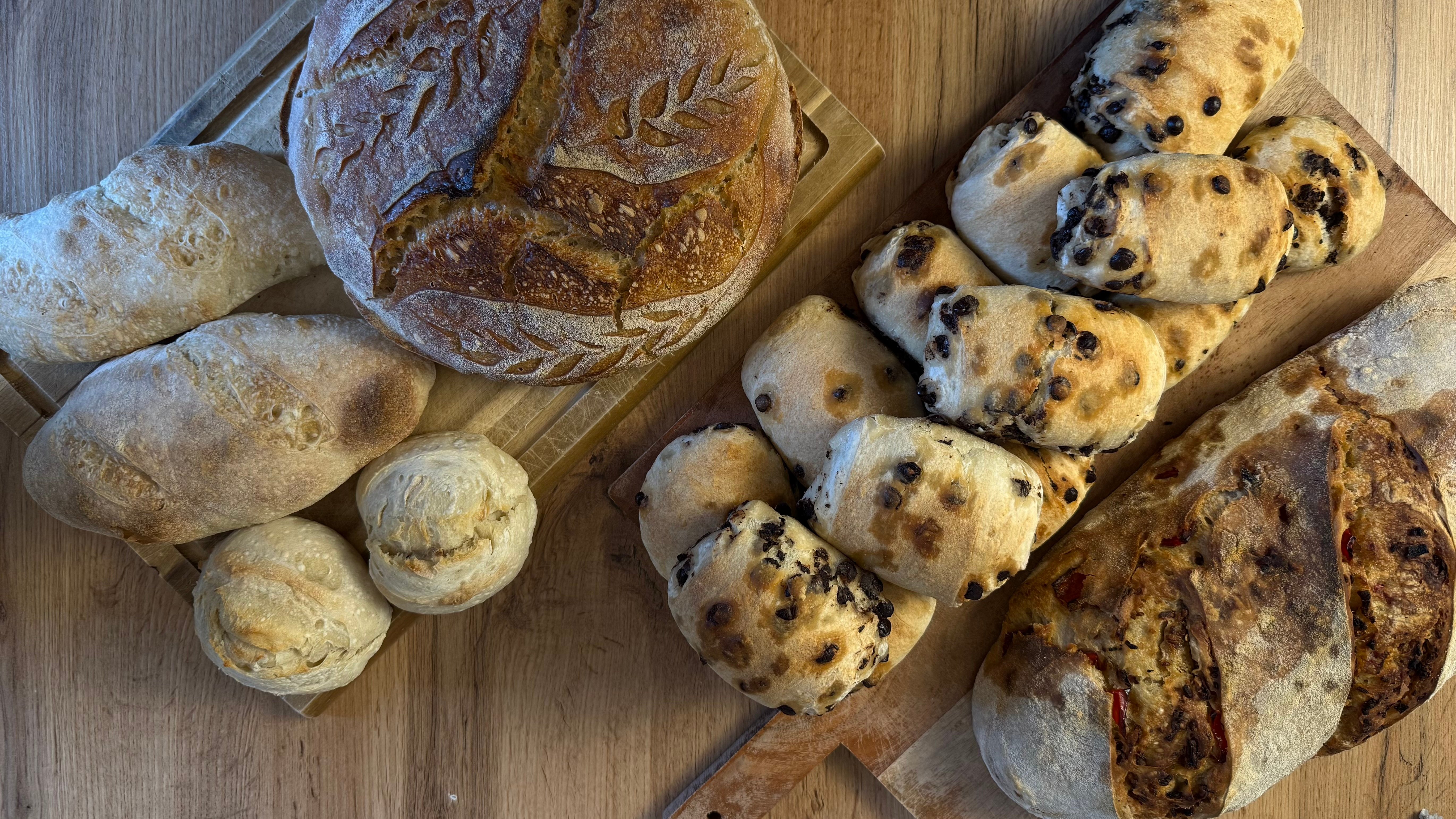 Eine Auswahl meiner selbstgebackenen Sauerteigbrote und Brötchen – vom rustikalen Sauerteigbrot über helle Weizensauerteigbrötchen und Baguette bis zu Schokomilchbrötchen und Grillbrot.
